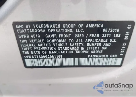 2016 Volkswagen Passat 1.8T R-Line z USA, uszkodzony, nr VIN 1VWAT7A30GC061108